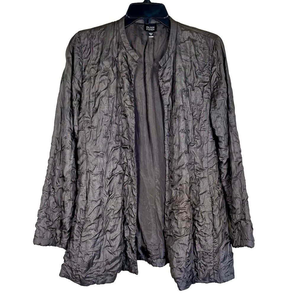 Eileen Fisher Silk Tussah Bartack Jacket XS Gray Crinkle Open Front Minimalist